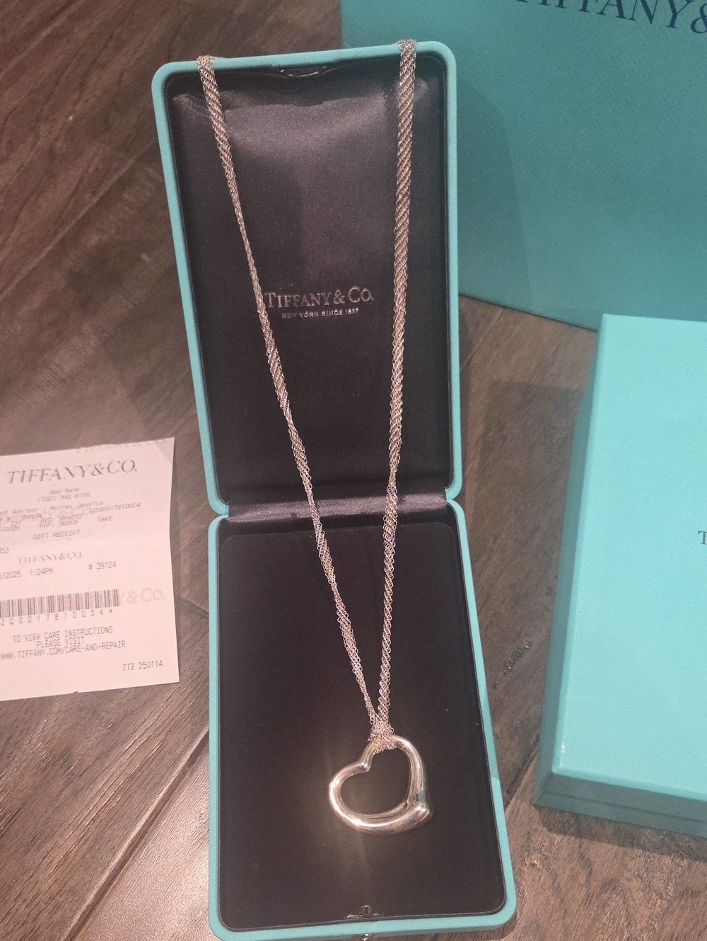 Tiffany & Co. Sterling Silver Open Heart Pendant Necklace with Signature Blue